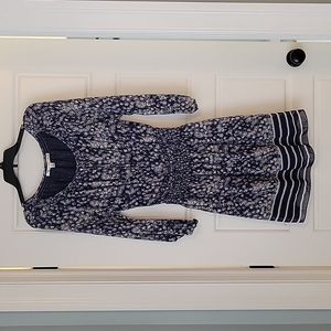 Sweet Navy/White Mini Dress with Floral and Stripe detail, Size Medium.